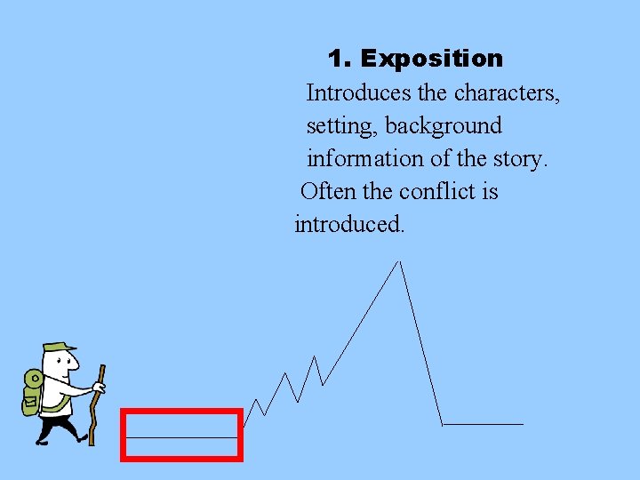 1. Exposition Introduces the characters, setting, background information of the story. Often the conflict