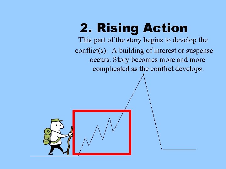 2. Rising Action This part of the story begins to develop the conflict(s). A
