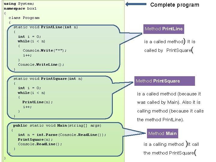 using System; namespace box 1 { class Program { static void Print. Line(int n)