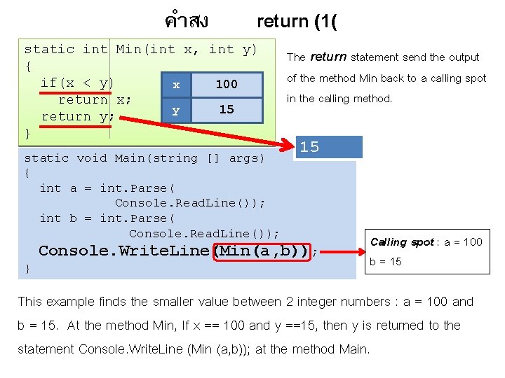 คำสง return (1( static int Min(int x, int y) { if(x < y) x