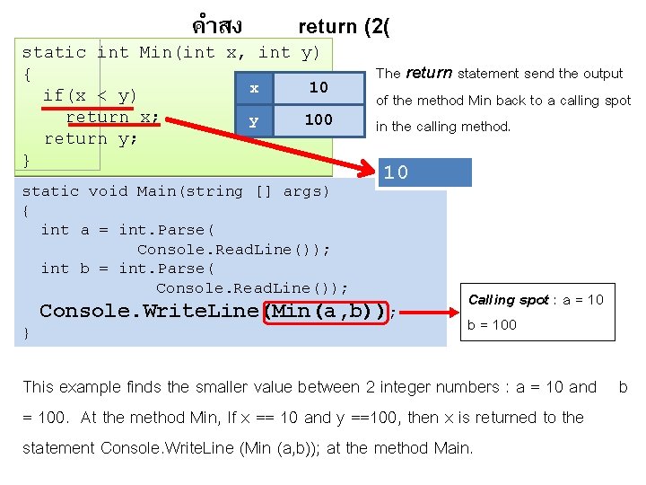 คำสง return (2( static int Min(int x, int y) { x 10 if(x <
