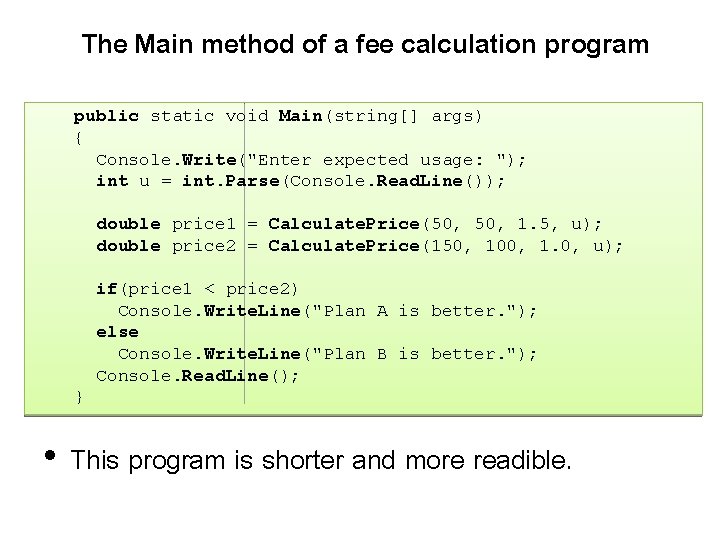 The Main method of a fee calculation program public static void Main(string[] args) {