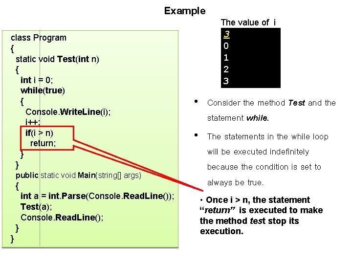 Example class Program { static void Test(int n) { int i = 0; while(true)