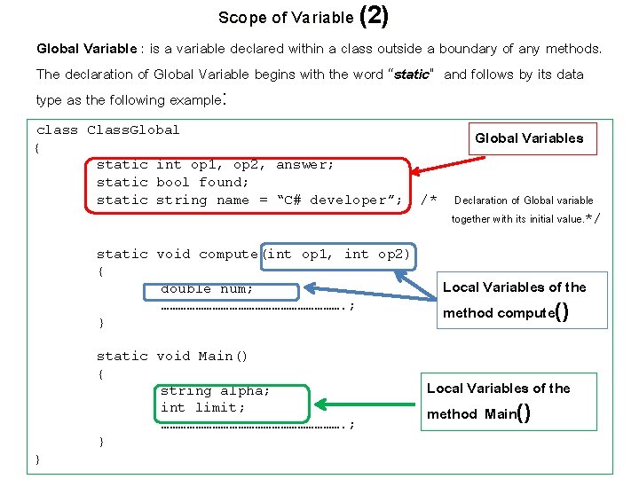 Scope of Variable (2) Global Variable : is a variable declared within a class