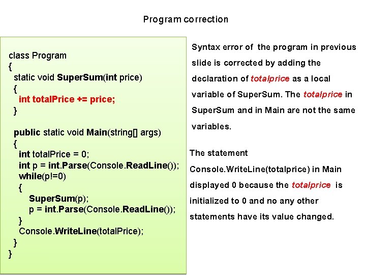 Program correction class Program { static void Super. Sum(int price) { int total. Price