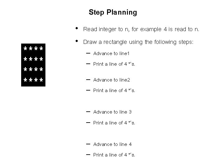 Step Planning **** • Read integer to n, for example 4 is read to