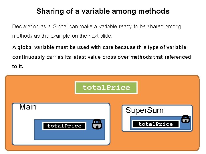 Sharing of a variable among methods Declaration as a Global can make a variable