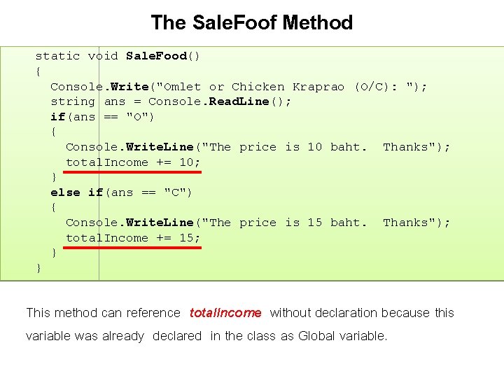 The Sale. Foof Method static void Sale. Food() { Console. Write("Omlet or Chicken Kraprao