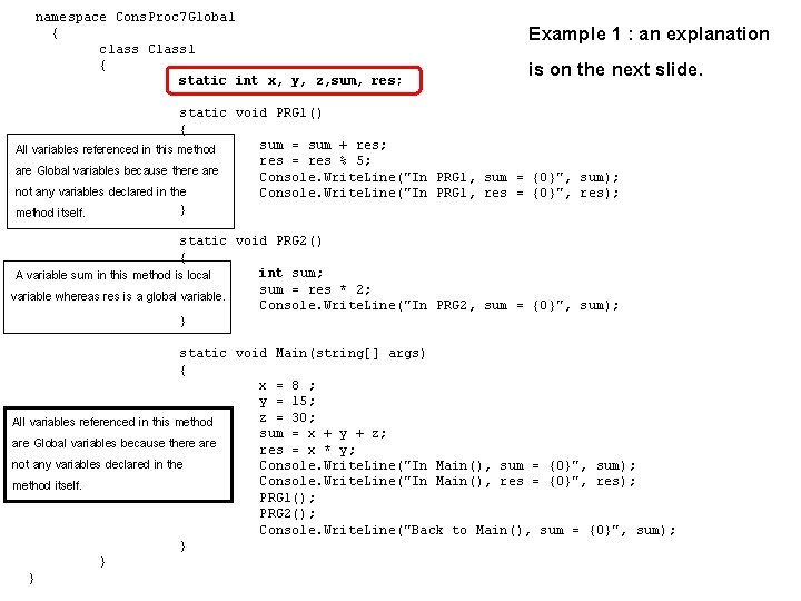  namespace Cons. Proc 7 Global { class Class 1 { static int x,