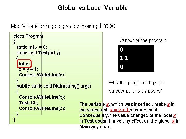 Global vs Local Variable Modify the following program by inserting int x; class Program