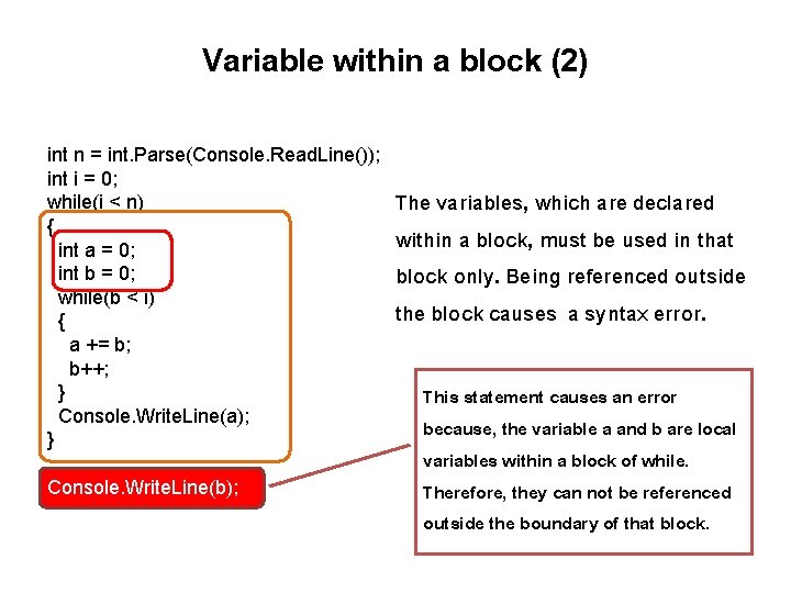 Variable within a block (2) int n = int. Parse(Console. Read. Line()); int i