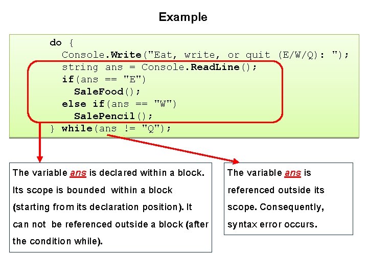 Example do { Console. Write("Eat, write, or quit (E/W/Q): "); string ans = Console.