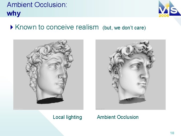 Ambient Occlusion: why 4 Known to conceive realism Local lighting (but, we don’t care)