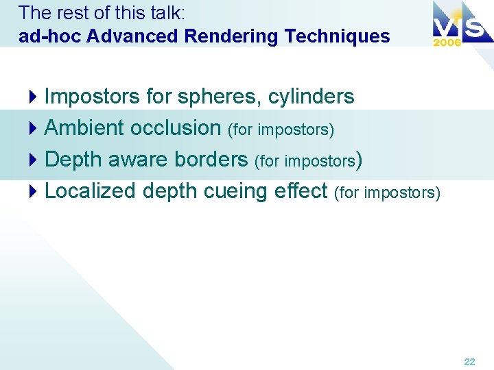 The rest of this talk: ad-hoc Advanced Rendering Techniques 4 Impostors for spheres, cylinders