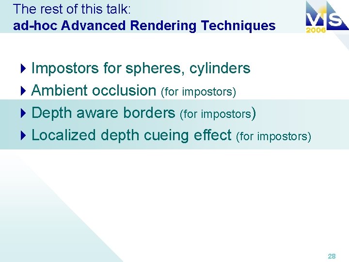 The rest of this talk: ad-hoc Advanced Rendering Techniques 4 Impostors for spheres, cylinders
