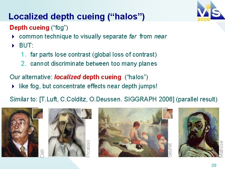 Localized depth cueing (“halos”) Depth cueing (“fog”) 4 common technique to visually separate far