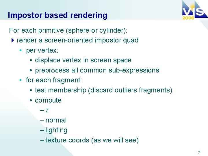 Impostor based rendering For each primitive (sphere or cylinder): 4 render a screen-oriented impostor
