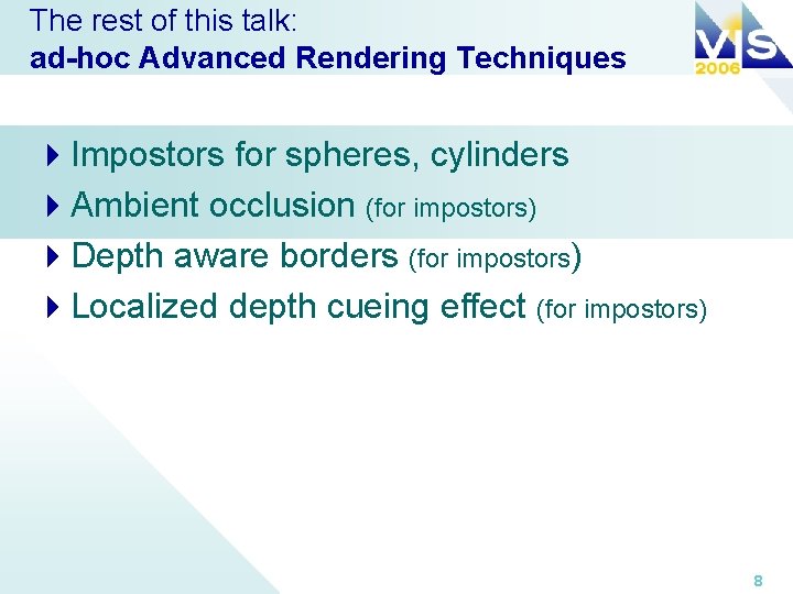 The rest of this talk: ad-hoc Advanced Rendering Techniques 4 Impostors for spheres, cylinders