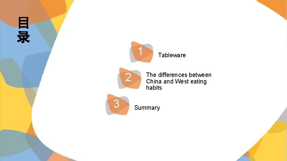 目 录 1 2 3 Tableware The differences between China and West eating habits 目 录 1 2 3 Tableware The differences between China and West eating habits
