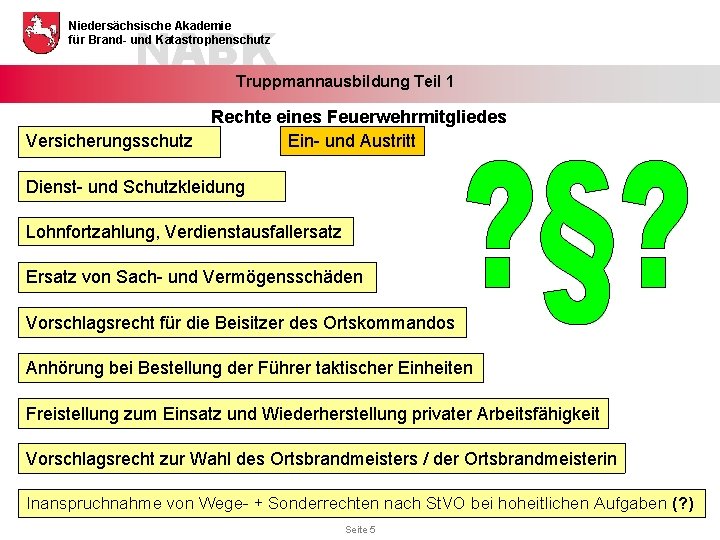 NABK Niedersächsische Akademie für Brand- und Katastrophenschutz Truppmannausbildung Teil 1 Rechte eines Feuerwehrmitgliedes Versicherungsschutz NABK Niedersächsische Akademie für Brand- und Katastrophenschutz Truppmannausbildung Teil 1 Rechte eines Feuerwehrmitgliedes Versicherungsschutz