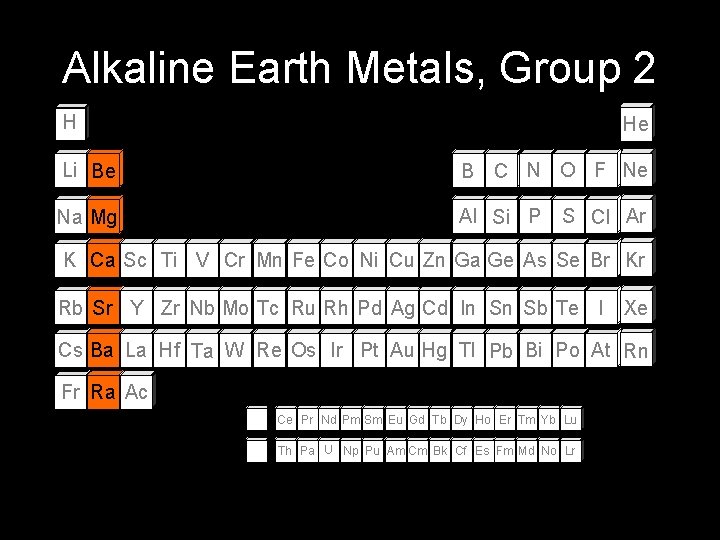 Alkaline Earth Metals, Group 2 H He Li Be B C N O F