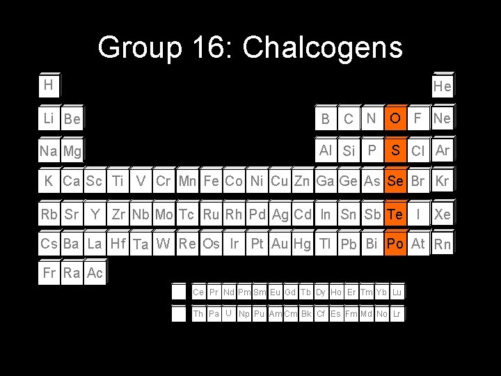 Group 16: Chalcogens H He Li Be B C N O F Ne Na