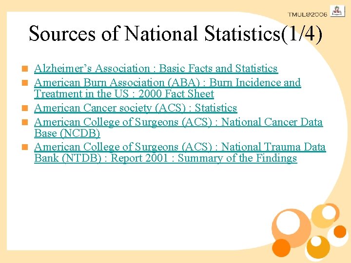 Sources of National Statistics(1/4) Alzheimer’s Association : Basic Facts and Statistics American Burn Association