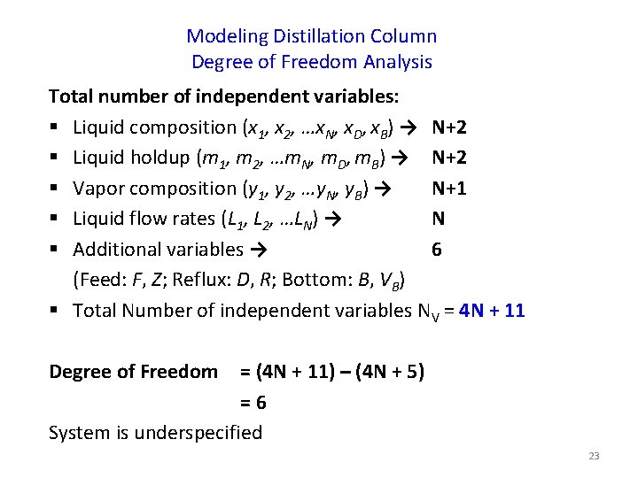 Modeling Distillation Column Degree of Freedom Analysis Total number of independent variables: § Liquid