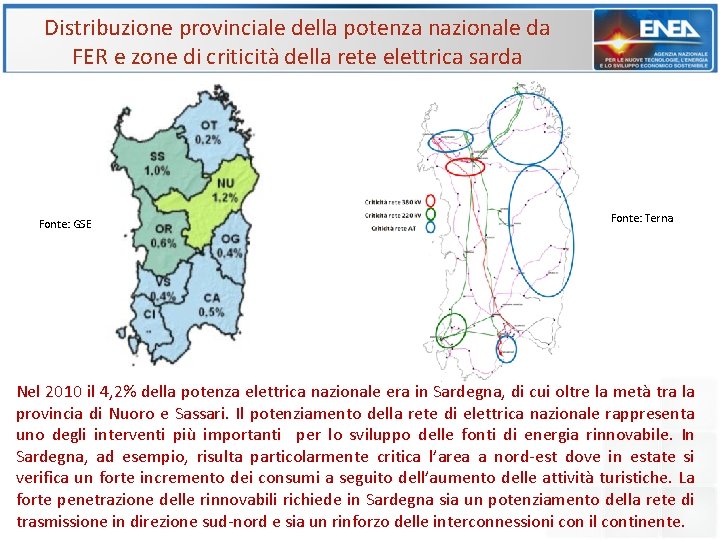 Distribuzione provinciale della potenza nazionale da FER e zone di criticità della rete elettrica