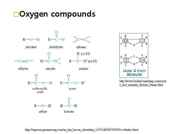 �Oxygen compounds http: //www. leederconsulting. com/envir o_soil_analysis_dioxins_furans. html http: //wpscms. pearsoncmg. com/au_hss_brown_chemistry_1/57/14650/3750474. cw/index. html