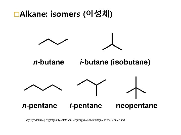 �Alkane: isomers (이성체) http: //padakshep. org/otp/subjects/chemistry/organic-chemistry/alkanes-isomerism/ 