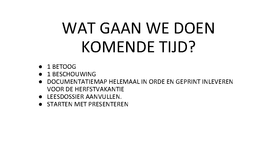 WAT GAAN WE DOEN KOMENDE TIJD? ● 1 BETOOG ● 1 BESCHOUWING ● DOCUMENTATIEMAP