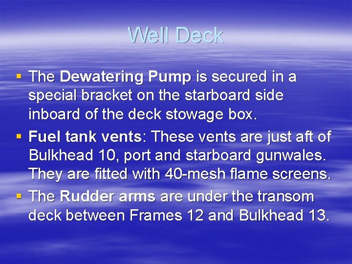 Well Deck § The Dewatering Pump is secured in a special bracket on the