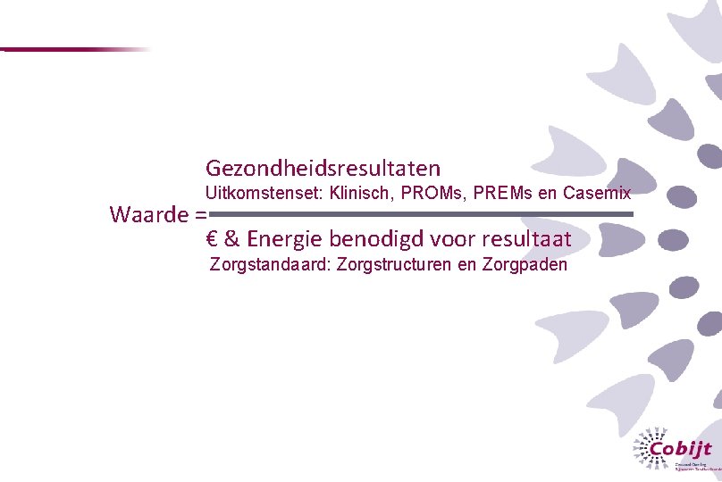 Gezondheidsresultaten Uitkomstenset: Klinisch, PROMs, PREMs en Casemix Waarde = € & Energie benodigd voor
