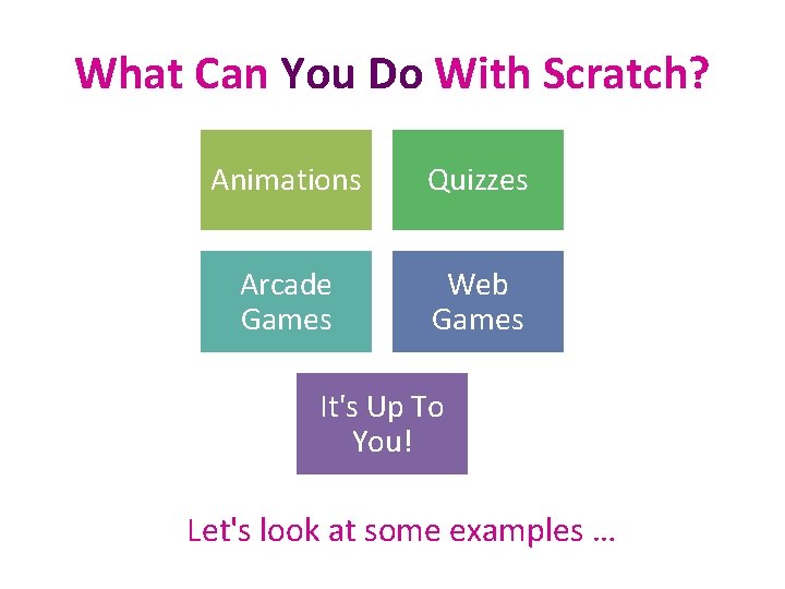 What Can You Do With Scratch? Animations Quizzes Arcade Games Web Games It's Up