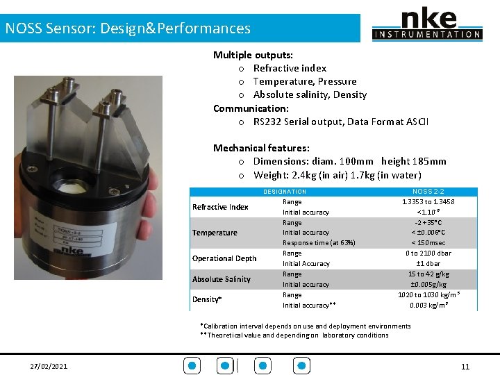 NOSS Sensor: Design&Performances Multiple outputs: o Refractive index o Temperature, Pressure o Absolute salinity,