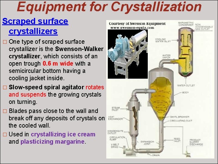 Equipment for Crystallization Scraped surface crystallizers � One type of scraped surface crystallizer is
