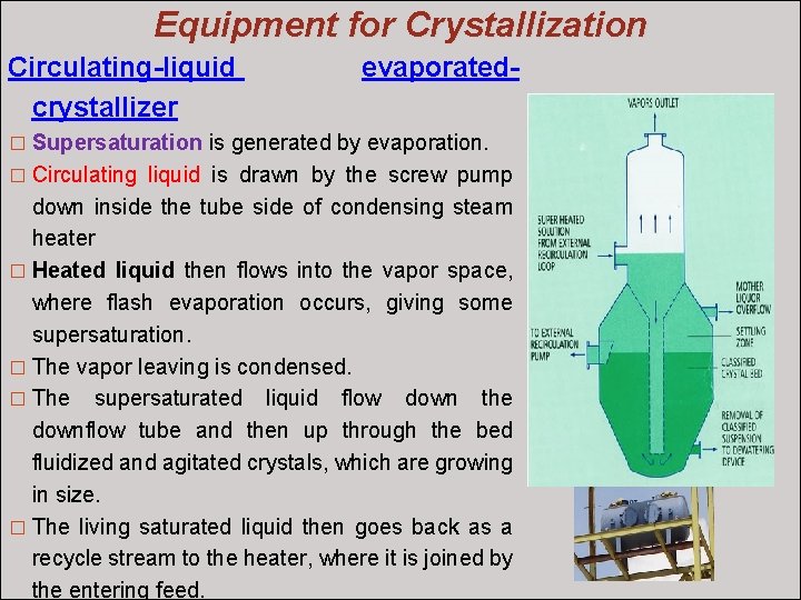 Equipment for Crystallization Circulating-liquid crystallizer evaporated- � Supersaturation is generated by evaporation. � Circulating Equipment for Crystallization Circulating-liquid crystallizer evaporated- � Supersaturation is generated by evaporation. � Circulating