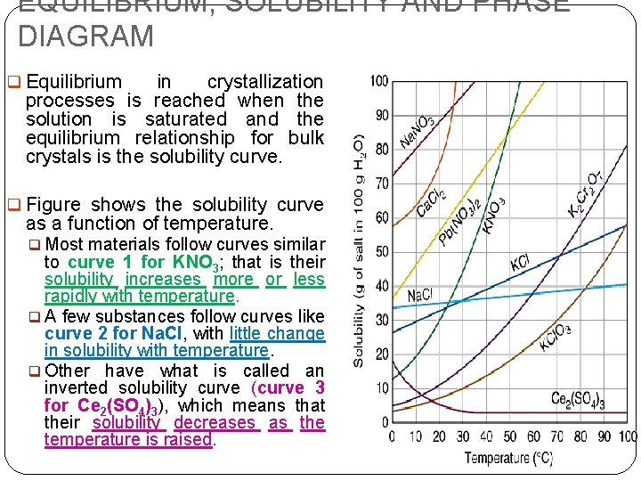 EQUILIBRIUM, SOLUBILITY AND PHASE DIAGRAM q Equilibrium in crystallization processes is reached when the