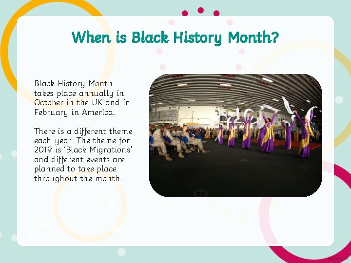 When is Black History Month? Black History Month takes place annually in October in