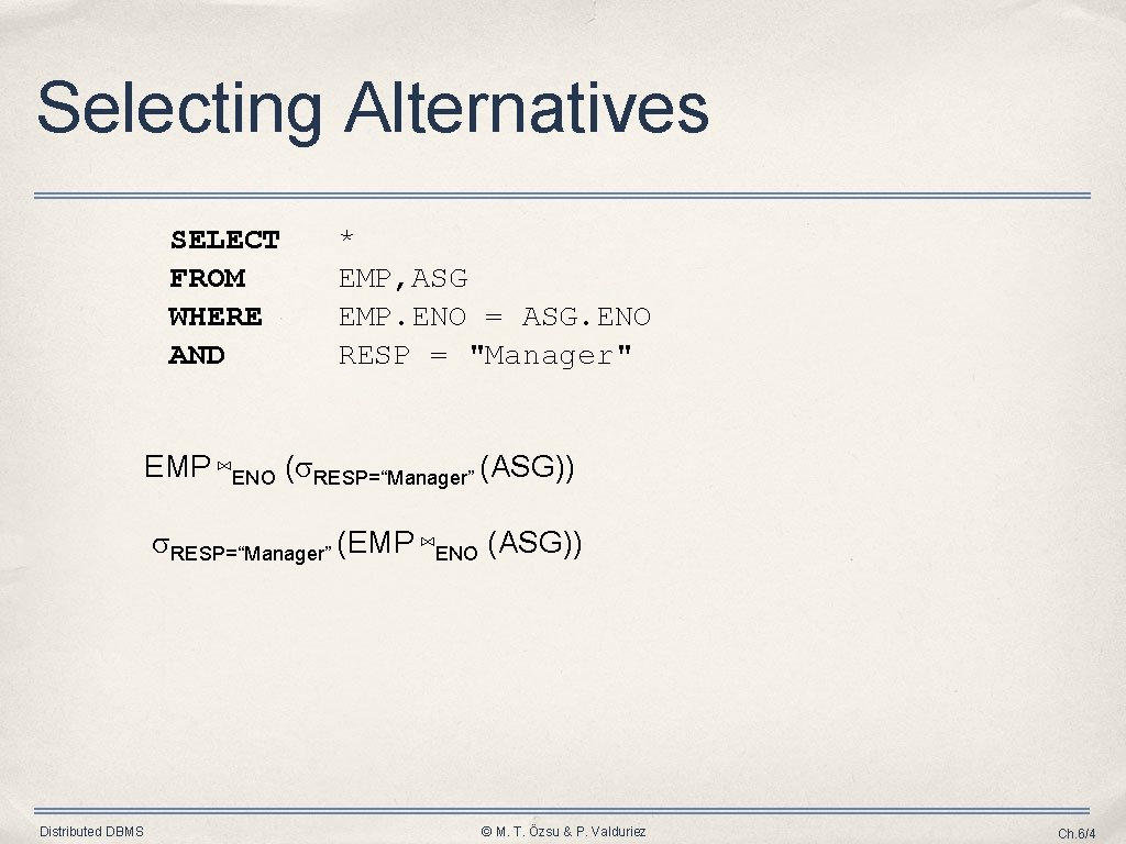 Selecting Alternatives SELECT FROM WHERE AND * EMP, ASG EMP. ENO = ASG. ENO