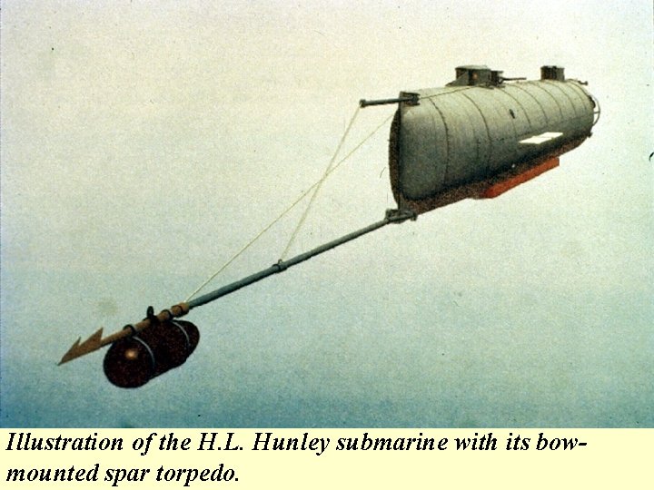 Illustration of the H. L. Hunley submarine with its bowmounted spar torpedo. 
