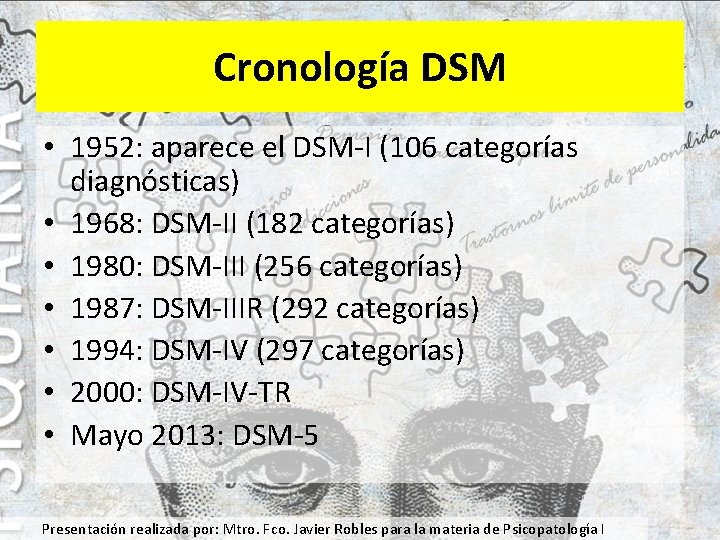 Cronología DSM • 1952: aparece el DSM-I (106 categorías diagnósticas) • 1968: DSM-II (182