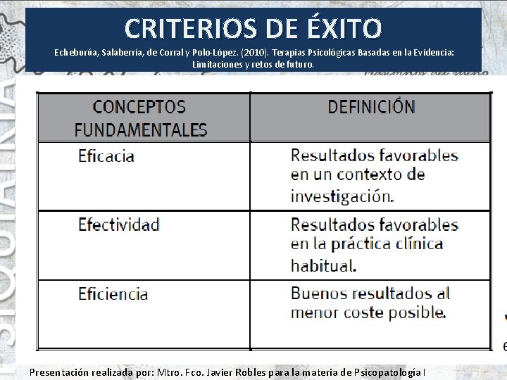 CRITERIOS DE ÉXITO Echeburúa, Salaberría, de Corral y Polo-López. (2010). Terapias Psicológicas Basadas en