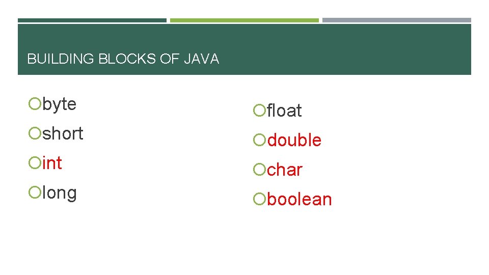 BUILDING BLOCKS OF JAVA byte float short double int char long boolean 