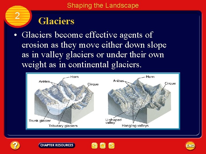 Shaping the Landscape 2 Glaciers • Glaciers become effective agents of erosion as they