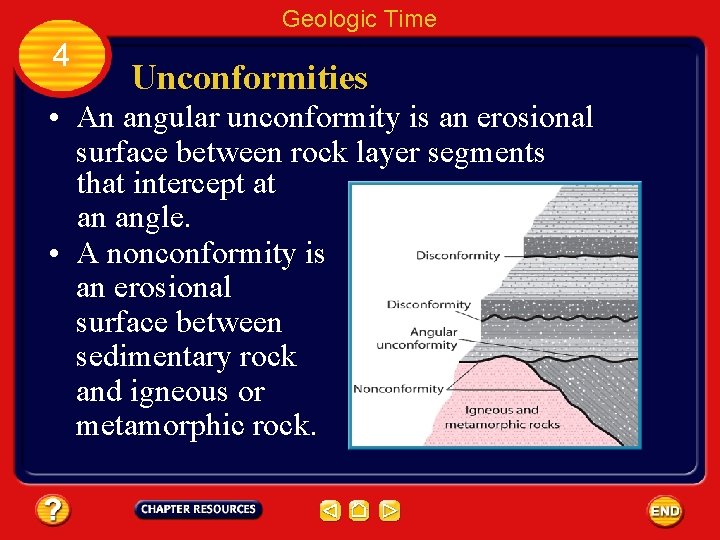 Geologic Time 4 Unconformities • An angular unconformity is an erosional surface between rock