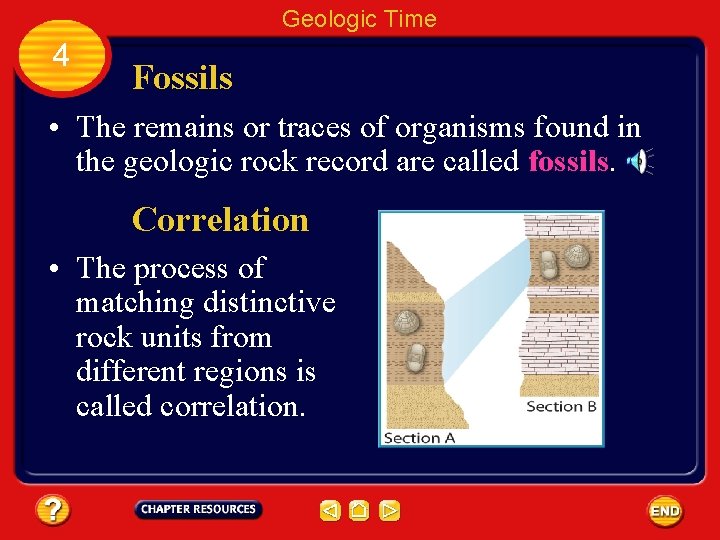 Geologic Time 4 Fossils • The remains or traces of organisms found in the