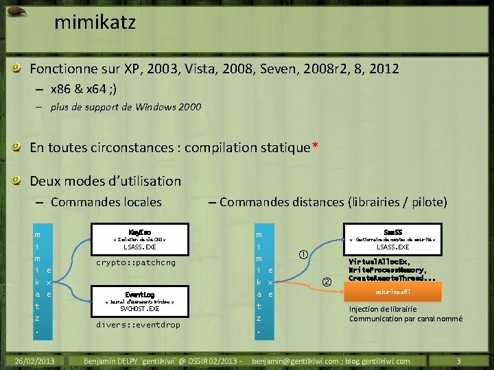 mimikatz Fonctionne sur XP, 2003, Vista, 2008, Seven, 2008 r 2, 8, 2012 –