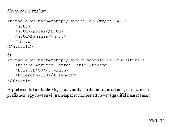 Névterek használata <h: table xmlns: h="http: //www. w 3. org/TR/html 4/"> <h: tr> <h: